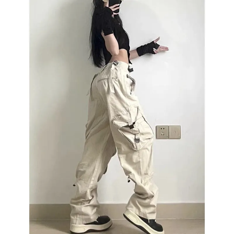 Girlary-shop 90s fashion Retro High Street Large Pocket Overalls Straight Hip Hop Casual Pants Personality Fashion