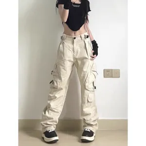 Girlary-shop 90s fashion Retro High Street Large Pocket Overalls Straight Hip Hop Casual Pants Personality Fashion