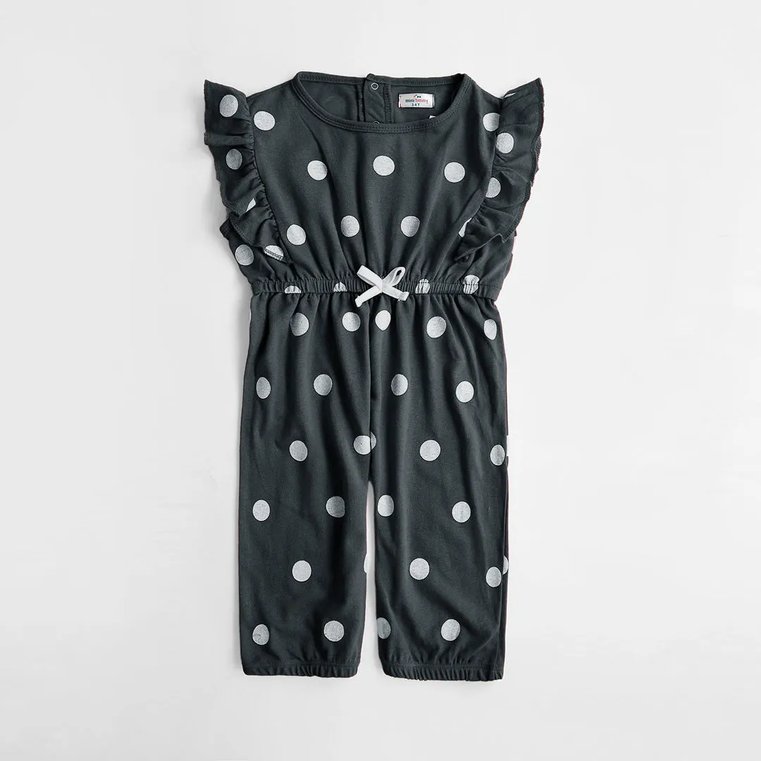 Girs Fashion All Over Polka Dots Printed Charcoal Soft Cotton Frill Jumpsuit