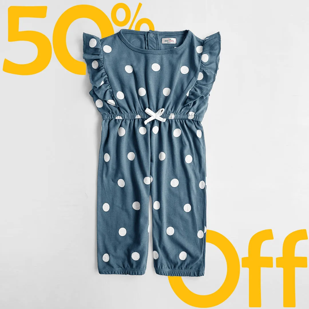 Girs Fashion All Over Polka Dots Printed Soft Cotton Frill Jumpsuit