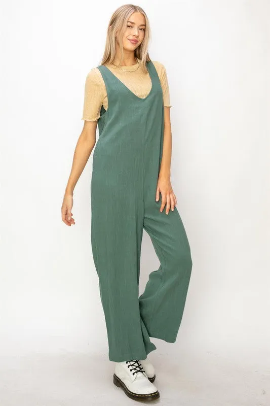 Gray Green Linen Sleeveless Jumpsuit