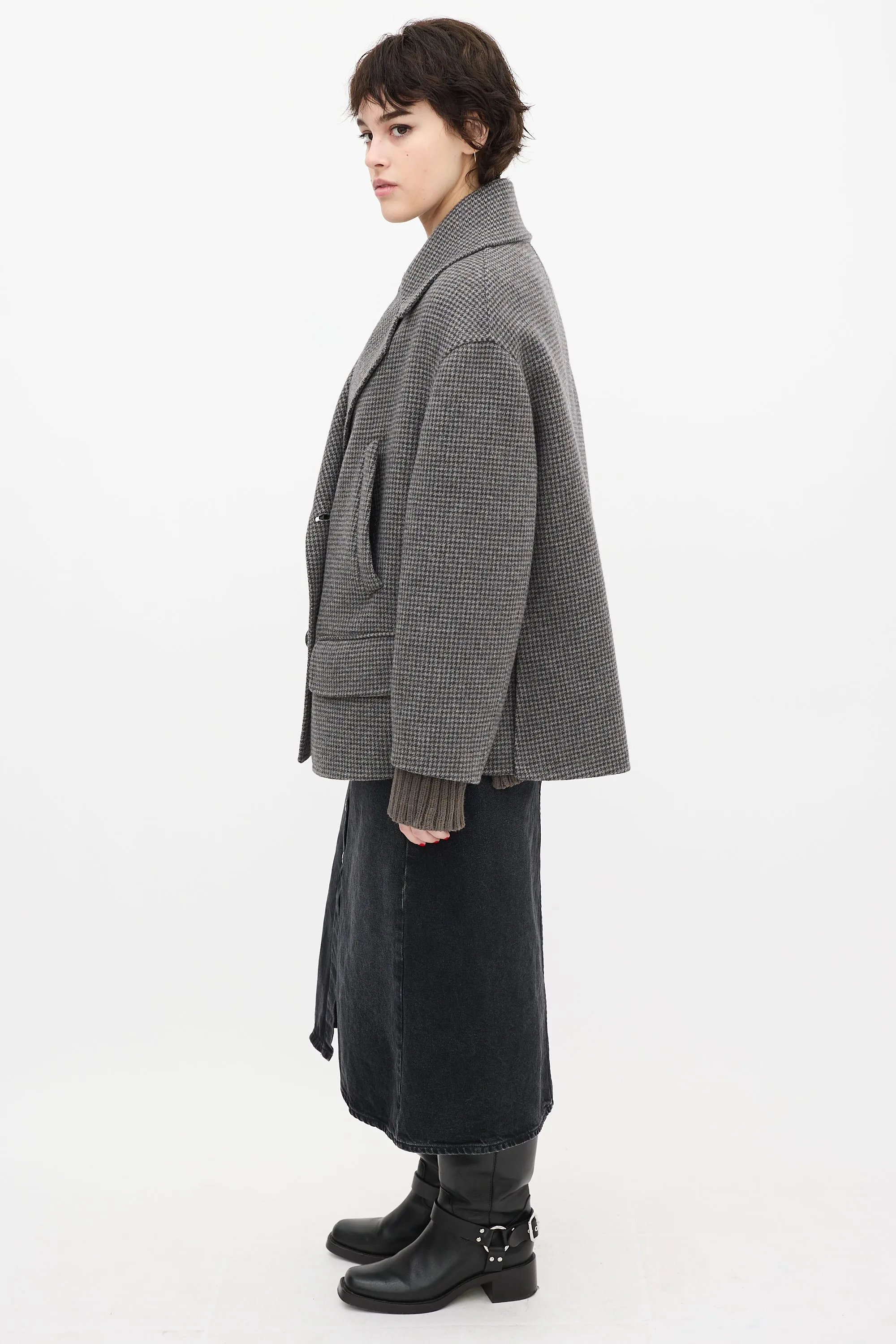 Grey & Black Wool Houndstooth Coat