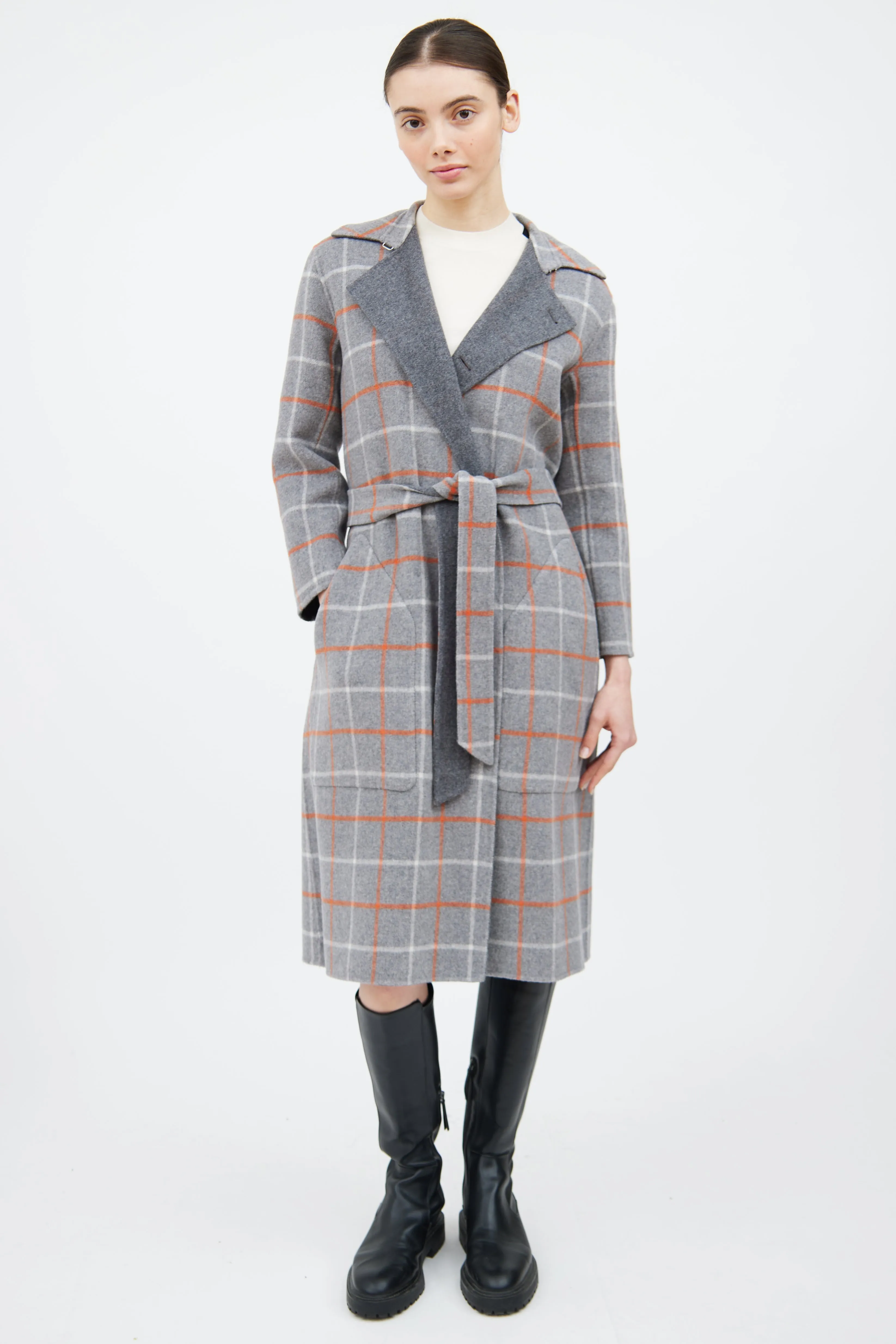 Grey & Orange Wool Plaid Reversible Coat