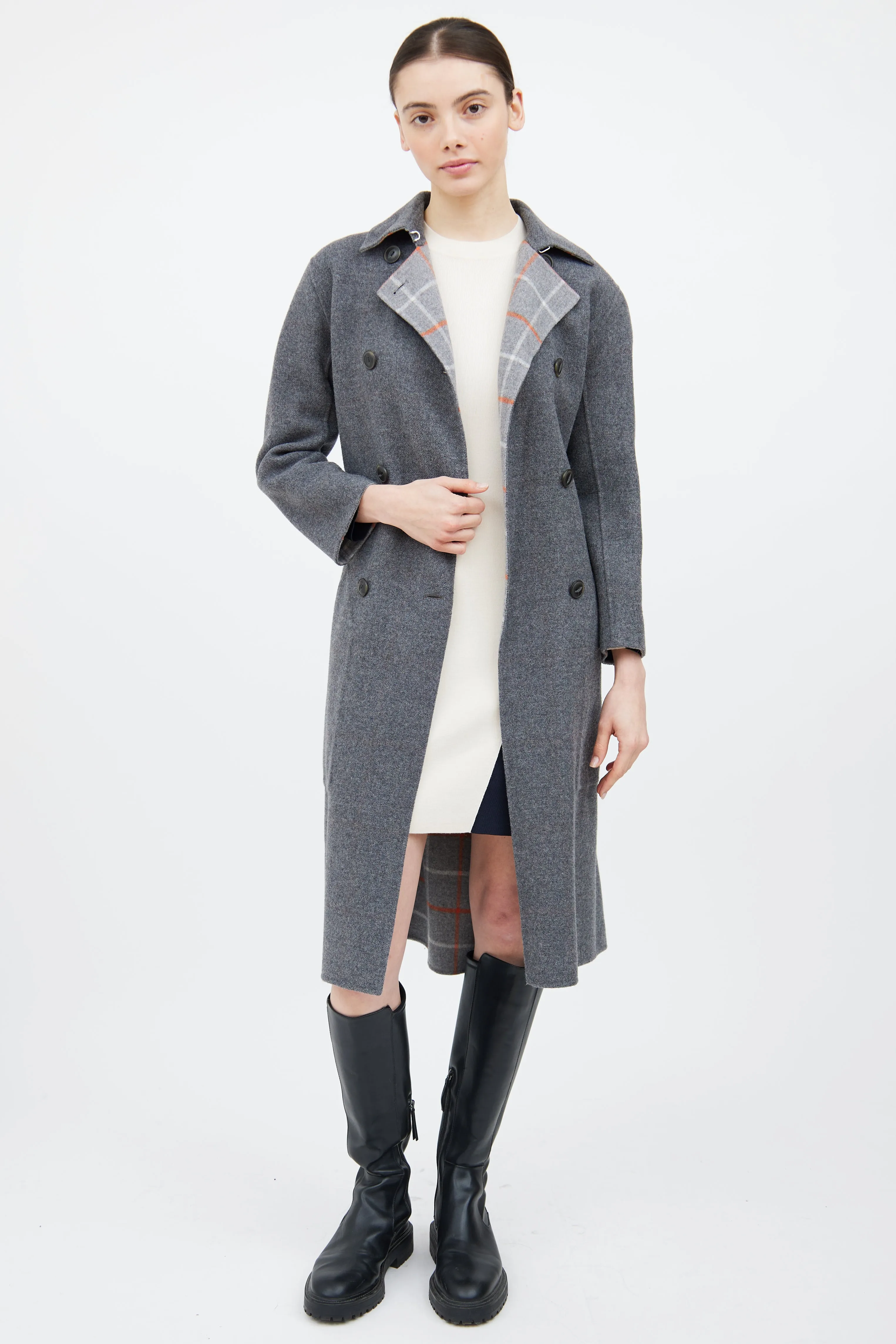 Grey & Orange Wool Plaid Reversible Coat