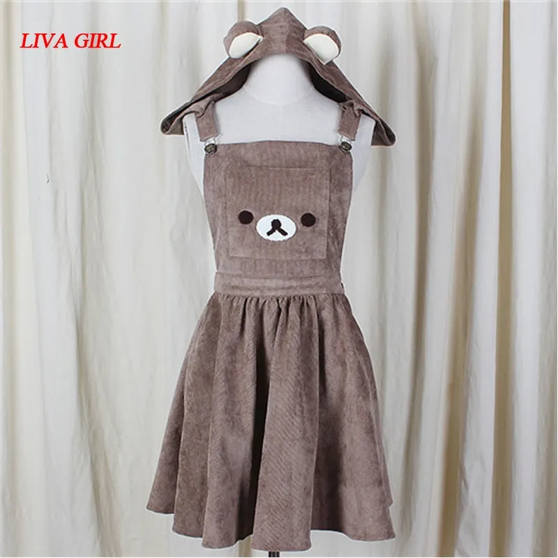 Harajuku Kawaii Bear Corduroy Jumperskirt Overalls