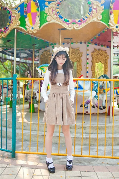 Harajuku Kawaii Bear Corduroy Jumperskirt Overalls