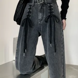 'Heat of the moment' Black Grunge Lace Up Denim Pants