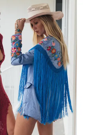 Jolene Silk, Embroidered   Fringe Blazer