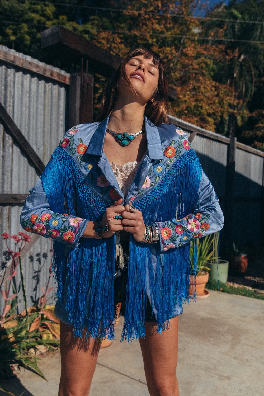 Jolene Silk, Embroidered   Fringe Blazer