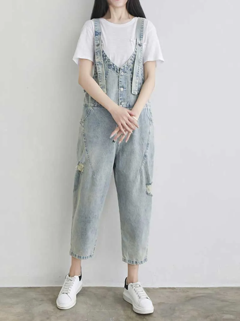 Keep Your dreams Save Denim Ripped Overall Dungarees