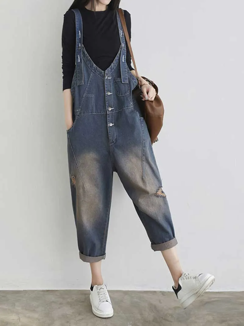 Keep Your dreams Save Denim Ripped Overall Dungarees