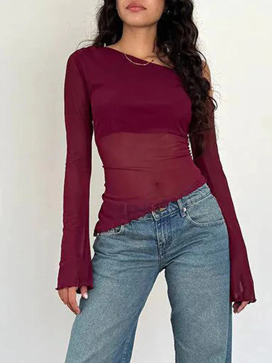 Lace Sexy Mesh Sheer See Through Long Sleeve Low Neck Y2K T-shirt