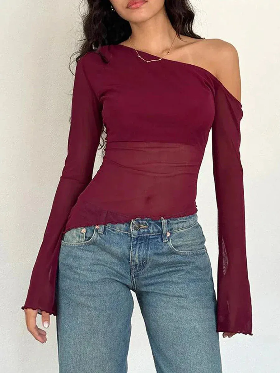 Lace Sexy Mesh Sheer See Through Long Sleeve Low Neck Y2K T-shirt