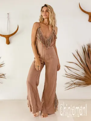 Long Linen Boho Jumpsuit with Fringes for Women / Vneck Overalls / Dusty Pink