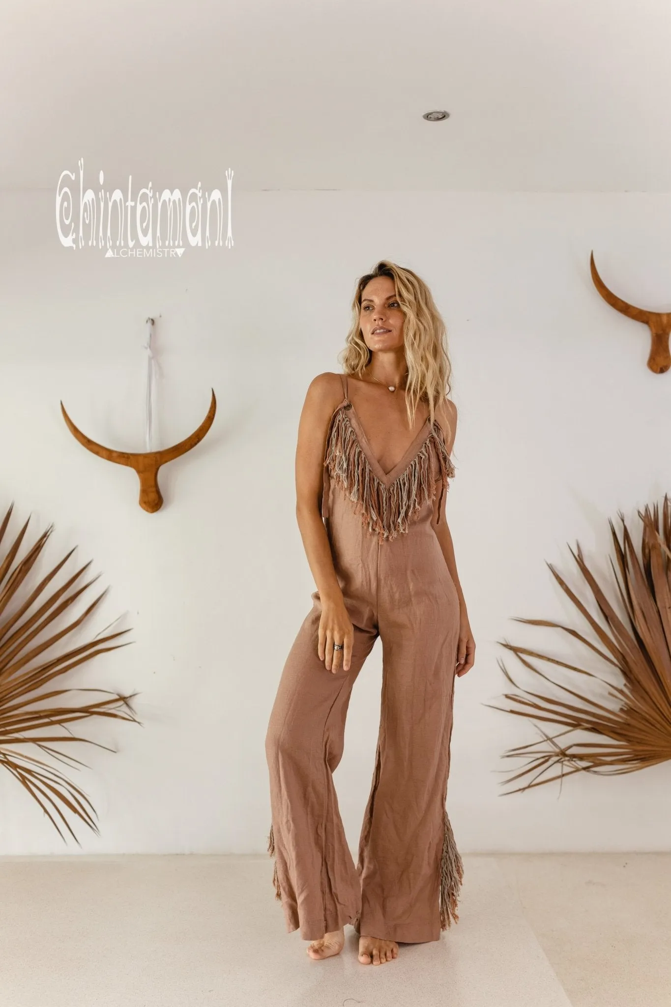 Long Linen Boho Jumpsuit with Fringes for Women / Vneck Overalls / Dusty Pink