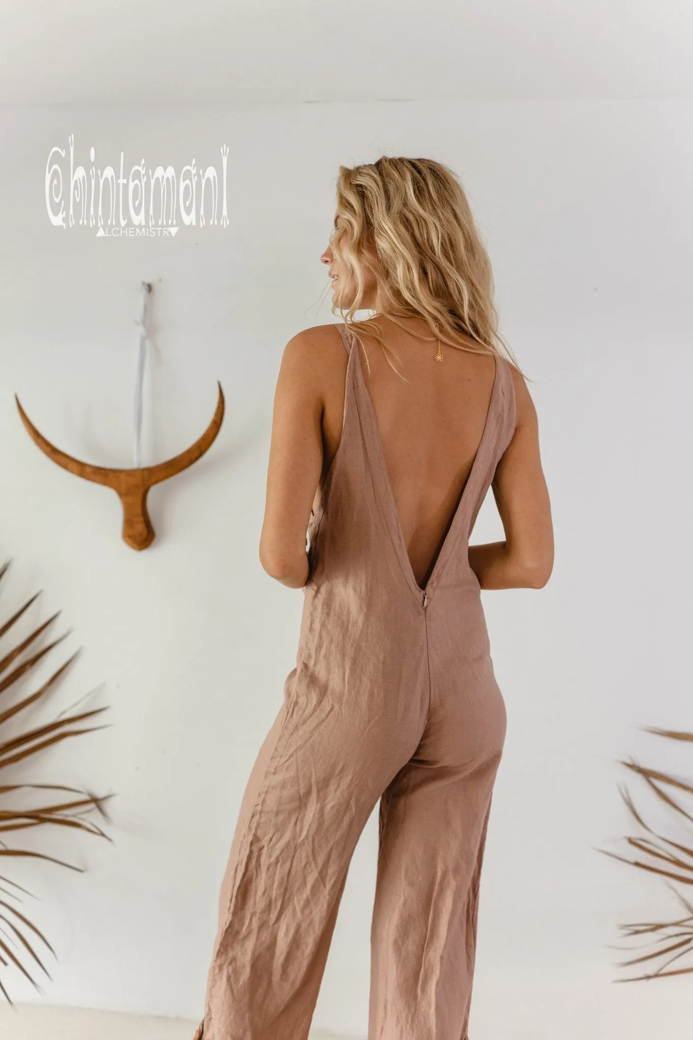 Long Linen Boho Jumpsuit with Fringes for Women / Vneck Overalls / Dusty Pink