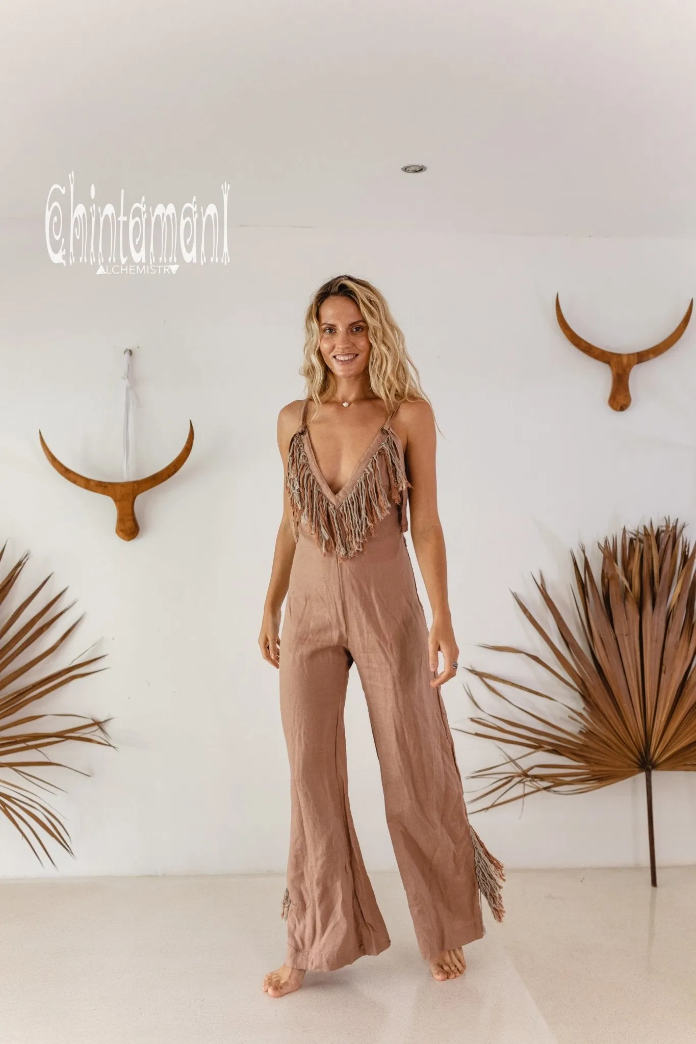 Long Linen Boho Jumpsuit with Fringes for Women / Vneck Overalls / Dusty Pink