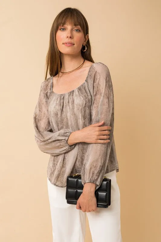 L/S Square Neck Abstract Print Top