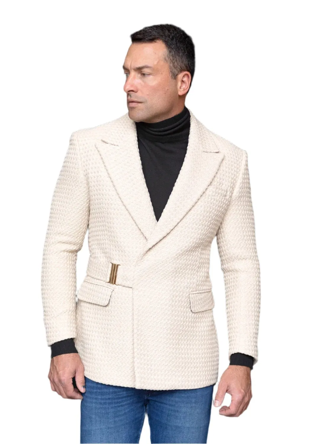 Men Tan Double Breasted Balzer Jackets with Belt Causal Prom Slim Fit MZS-567