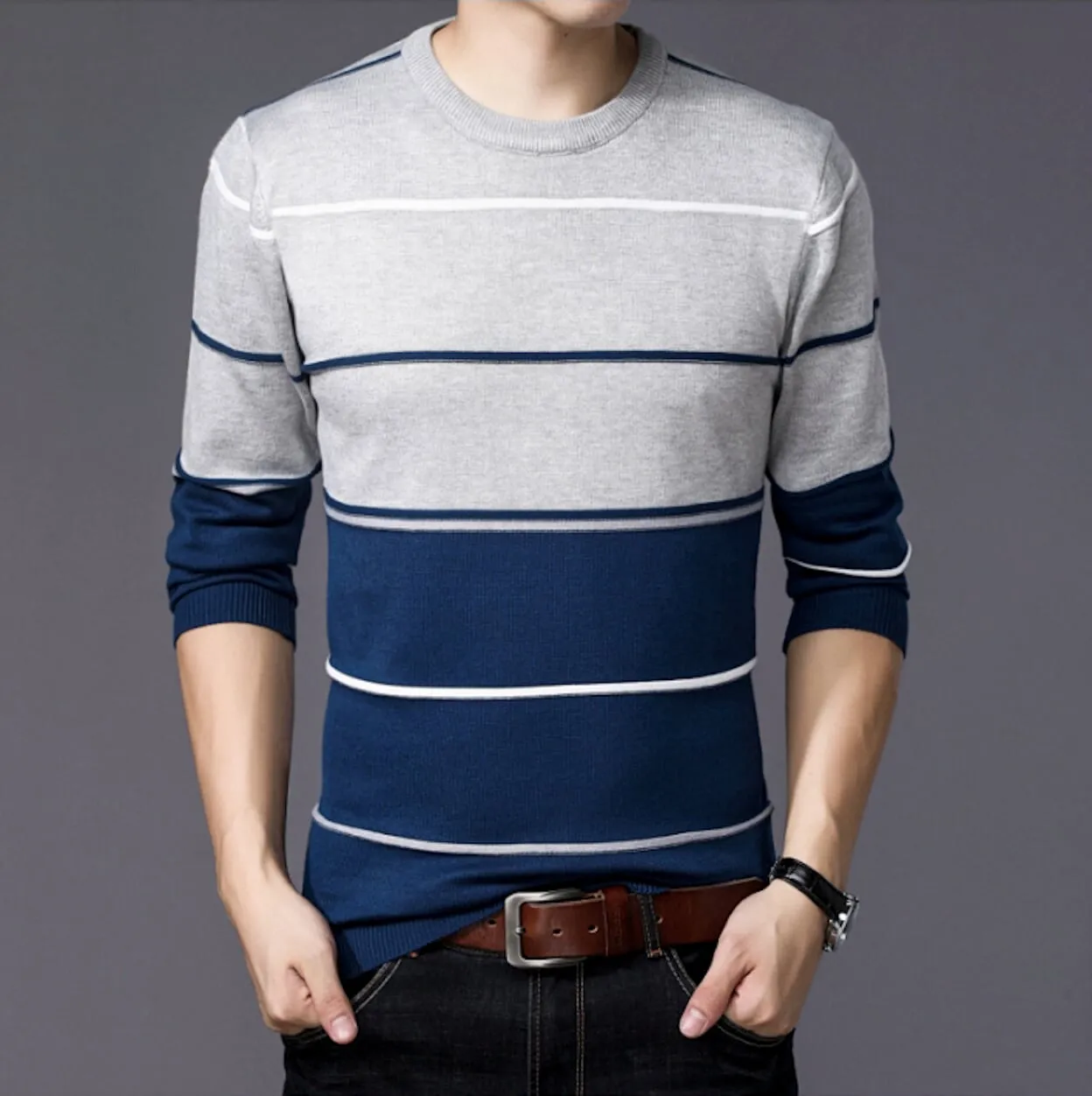 Mens Round Neck Tow Tone Striped Sweater