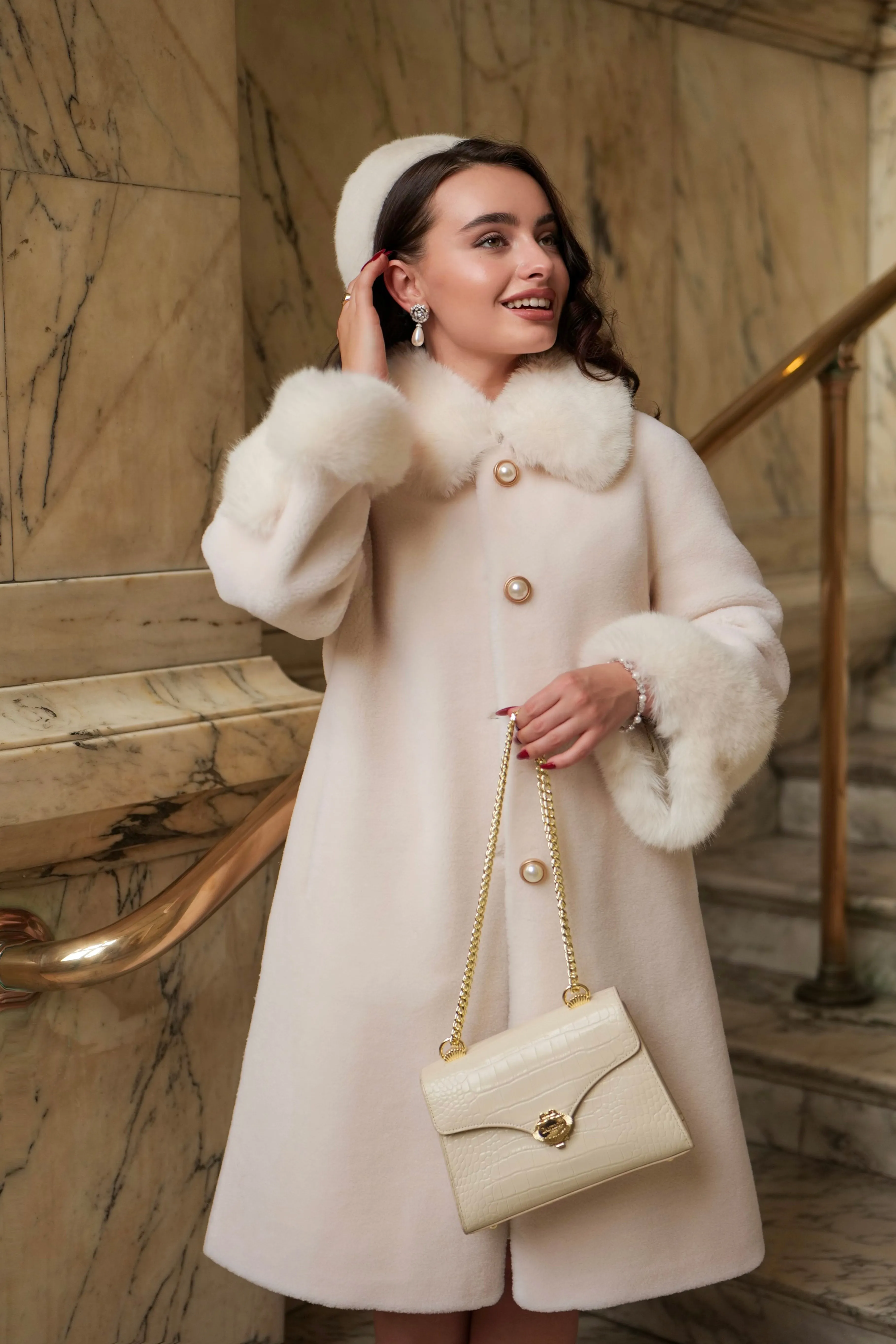 'Monroe' Wool and Faux Fur Teddy Coat in Bianco