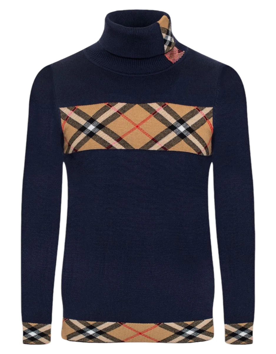 Navy and Beige Plaid Burb Design Men's Turtleneck Sweater Regular-Fit SW-148