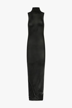 Obsidian Velvet Mesh Turtleneck Maxi Dress