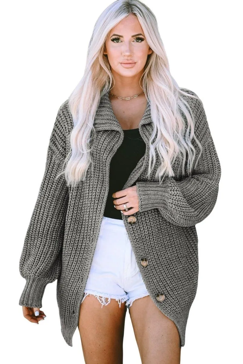 Oversized Gray Turndown Collar Cardigan