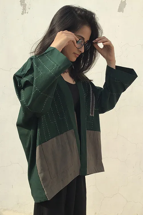 Patch Over Patch Bottle Green Kimono Jacket