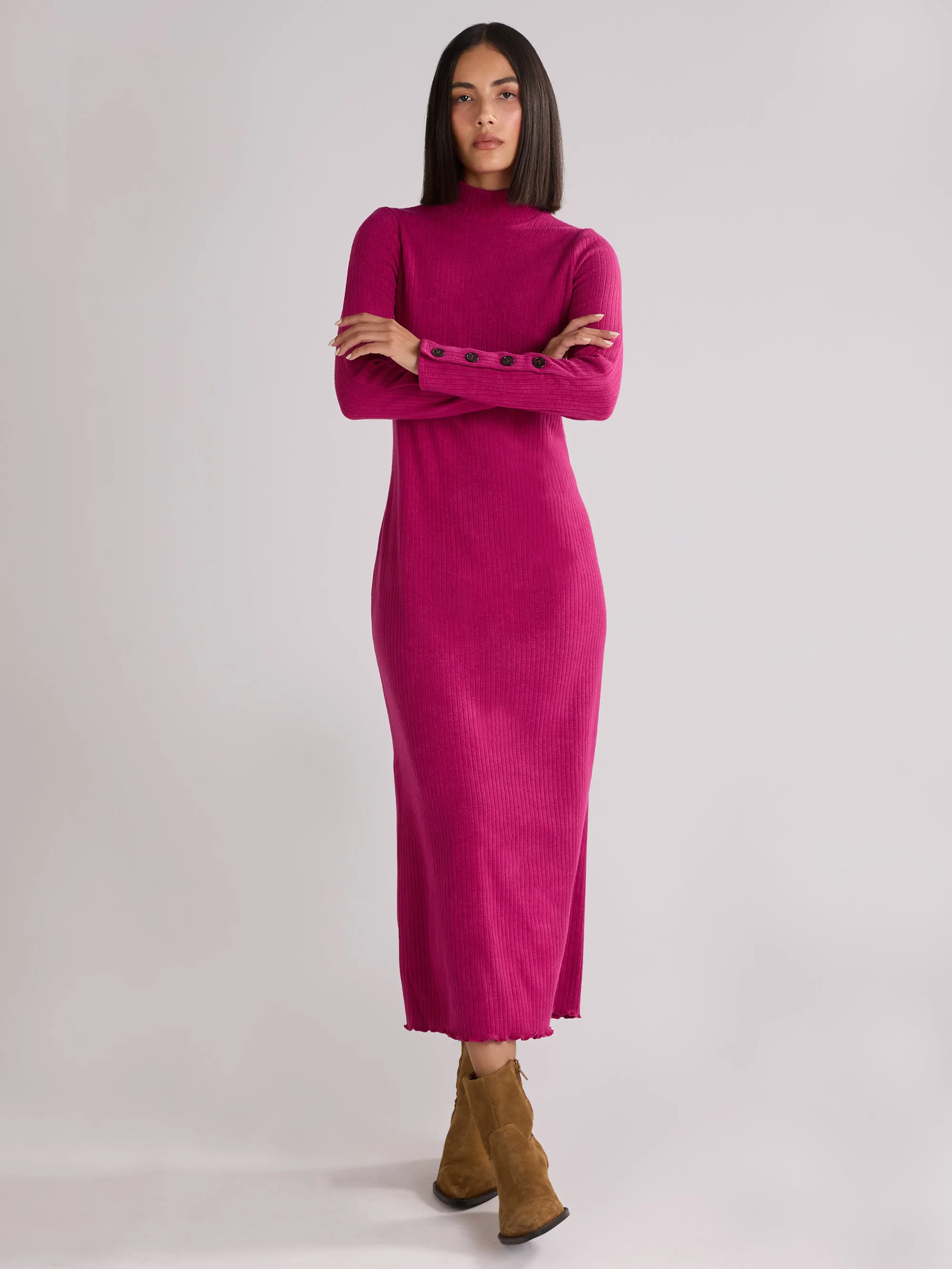 Pink Rib Knit High Neck Dress