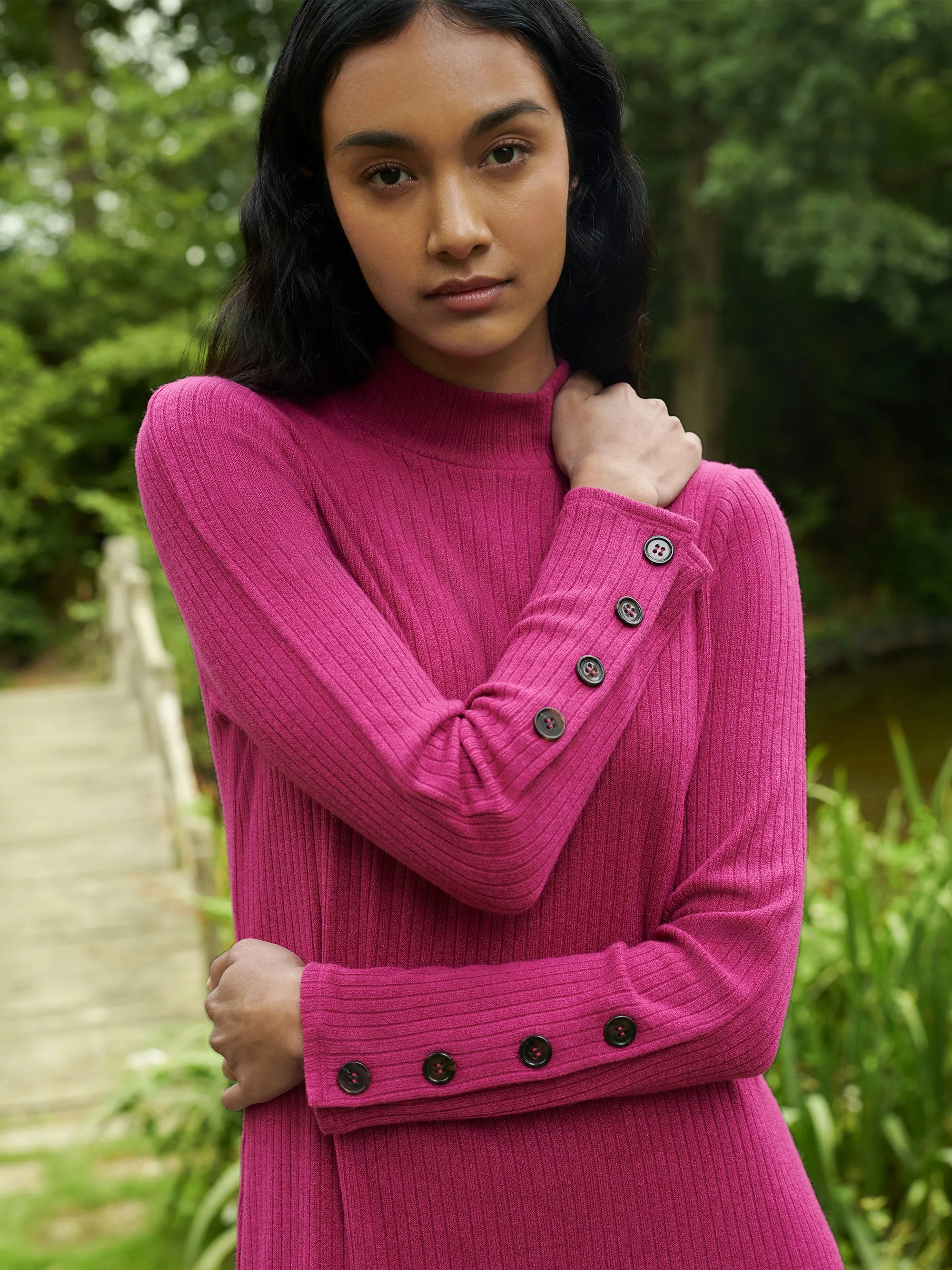 Pink Rib Knit High Neck Dress