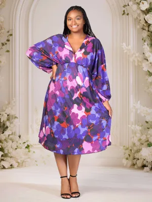 Plus Size Multicolor Pleated V Neck Empire Waist Bishop Sleeve Midi Dress