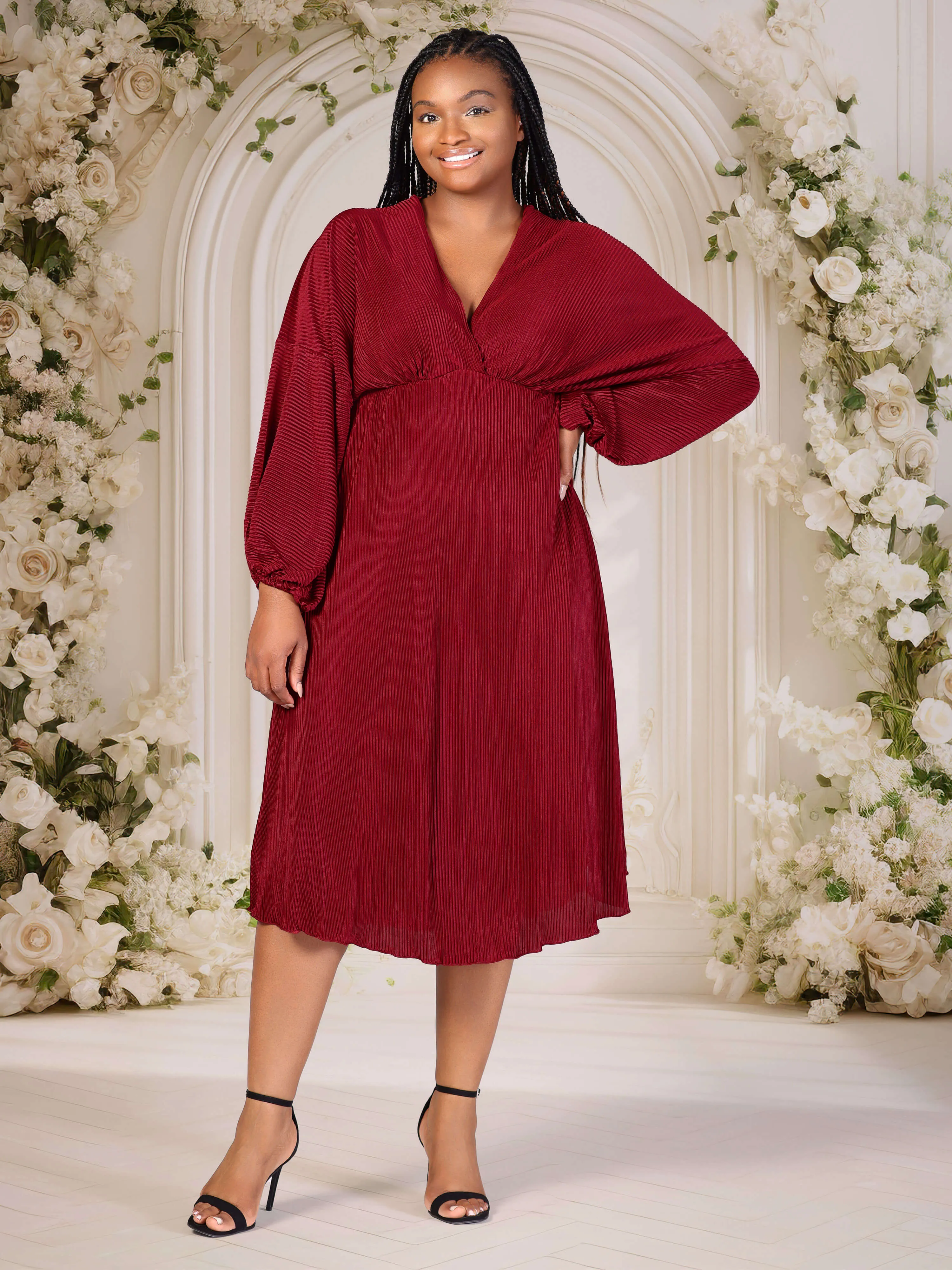 Plus Size Shimmer Pleated V Neck Empire Waist Bishop Sleeve Midi Dress