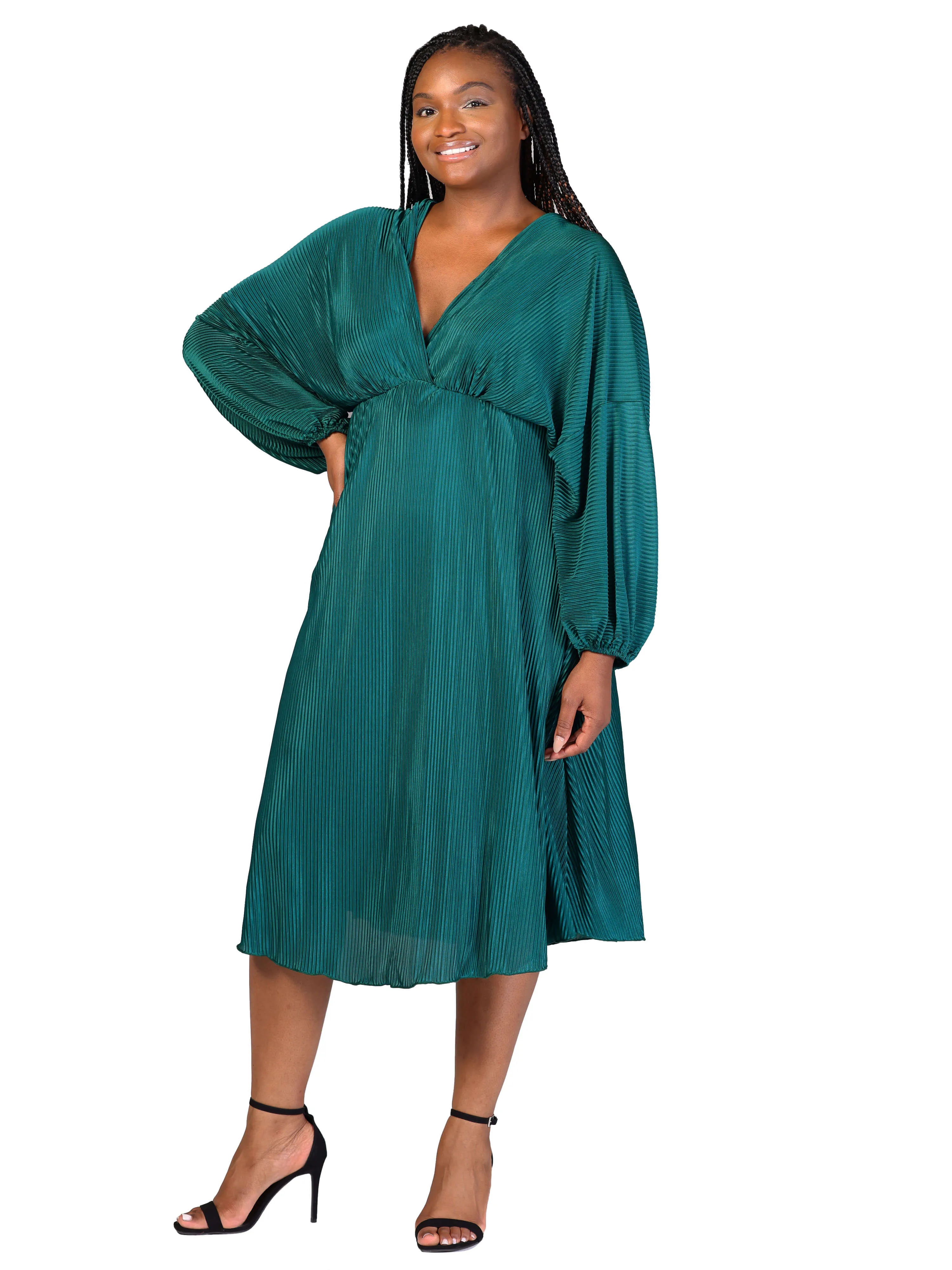 Plus Size Shimmer Pleated V Neck Empire Waist Bishop Sleeve Midi Dress