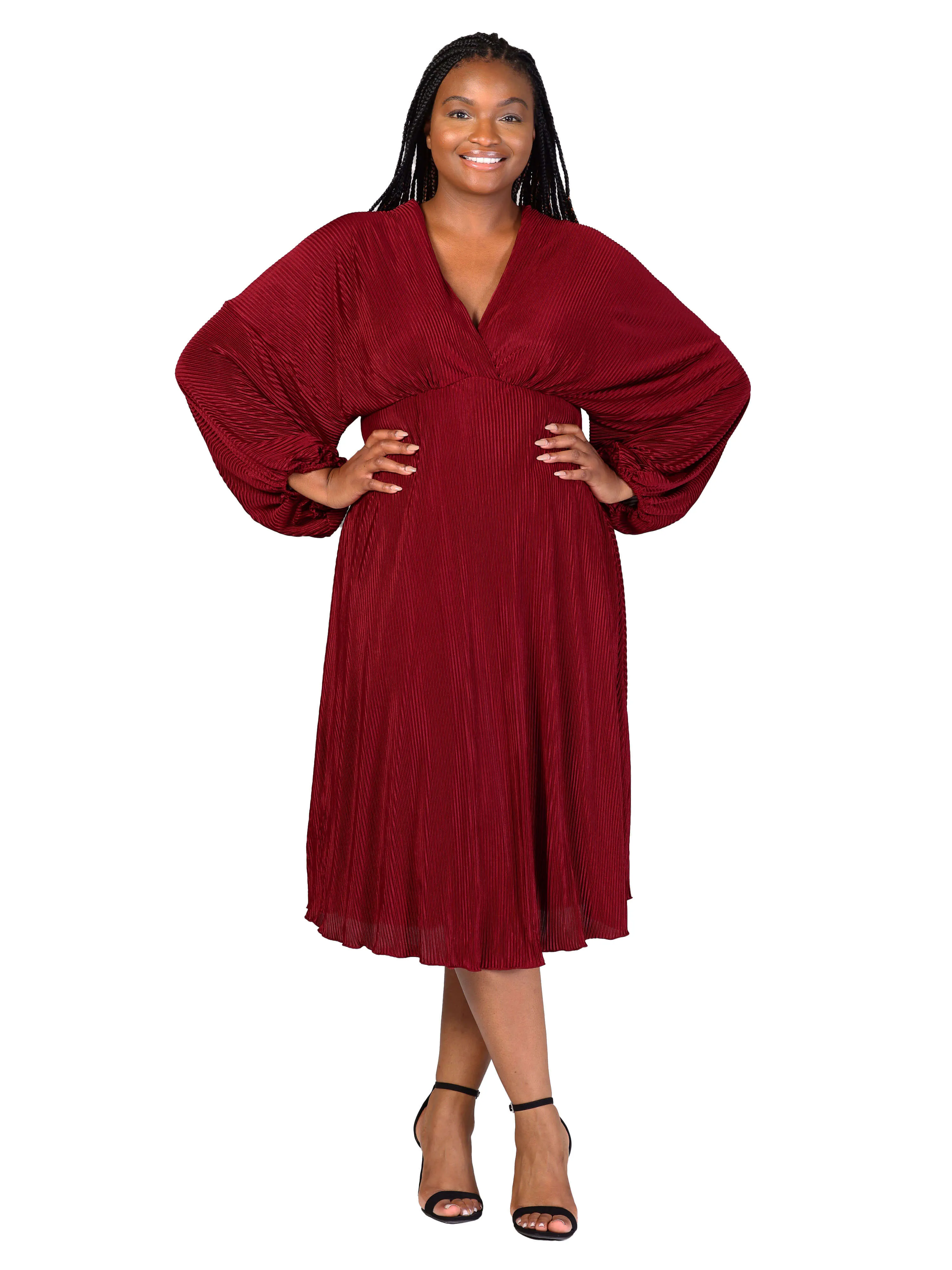 Plus Size Shimmer Pleated V Neck Empire Waist Bishop Sleeve Midi Dress