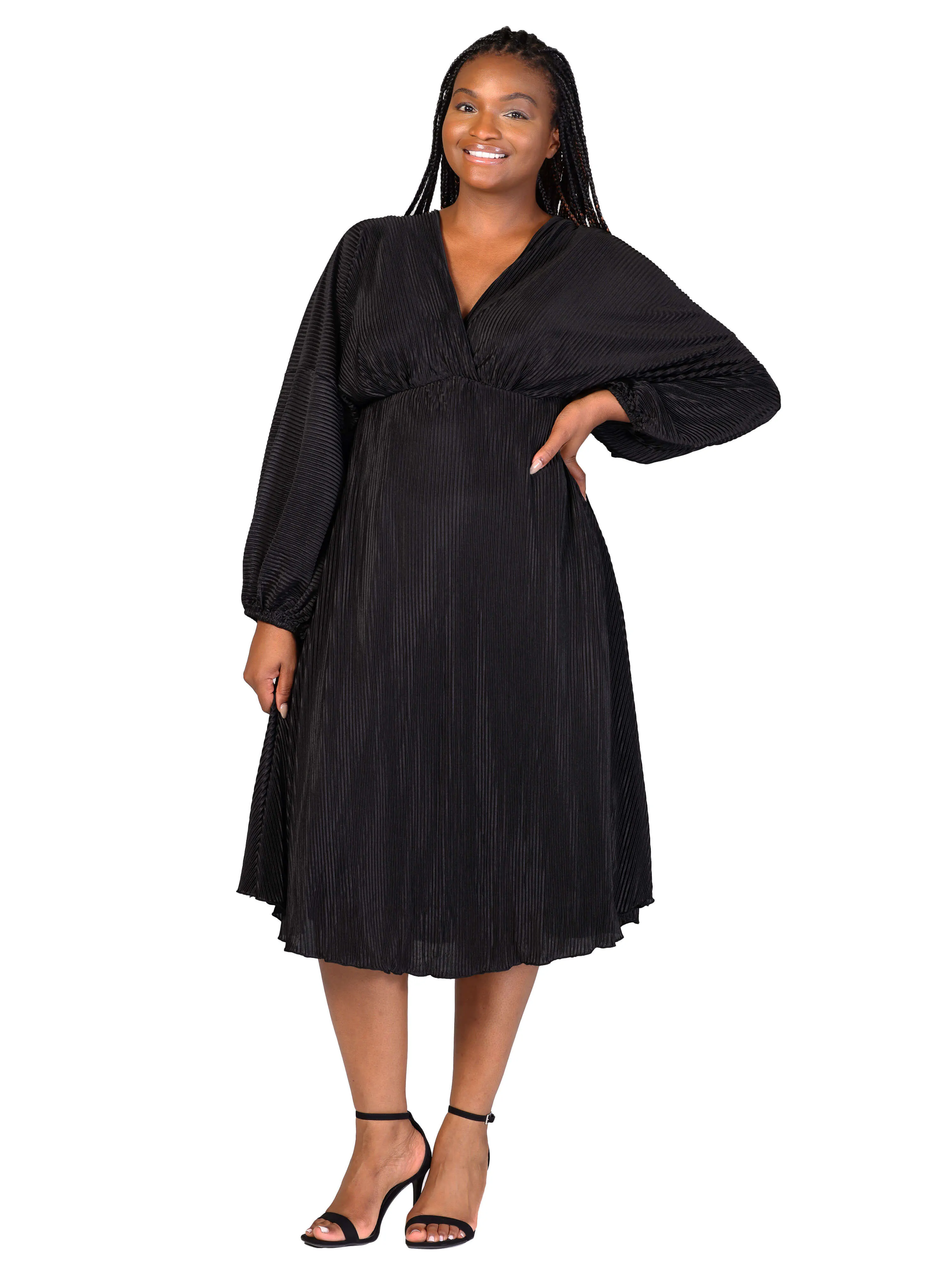 Plus Size Shimmer Pleated V Neck Empire Waist Bishop Sleeve Midi Dress