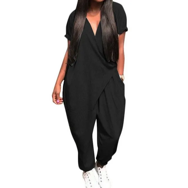 Plus Size Women Baggy Jumpsuits 2020 Summer Loose Overalls Fashion Pants V Neck Wrap Waist Playsuits Female Short Sleeve Rompers