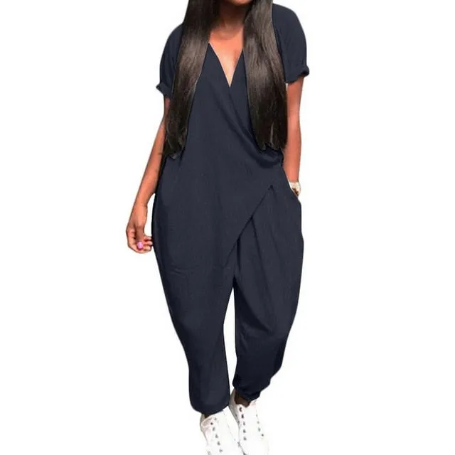 Plus Size Women Baggy Jumpsuits 2020 Summer Loose Overalls Fashion Pants V Neck Wrap Waist Playsuits Female Short Sleeve Rompers