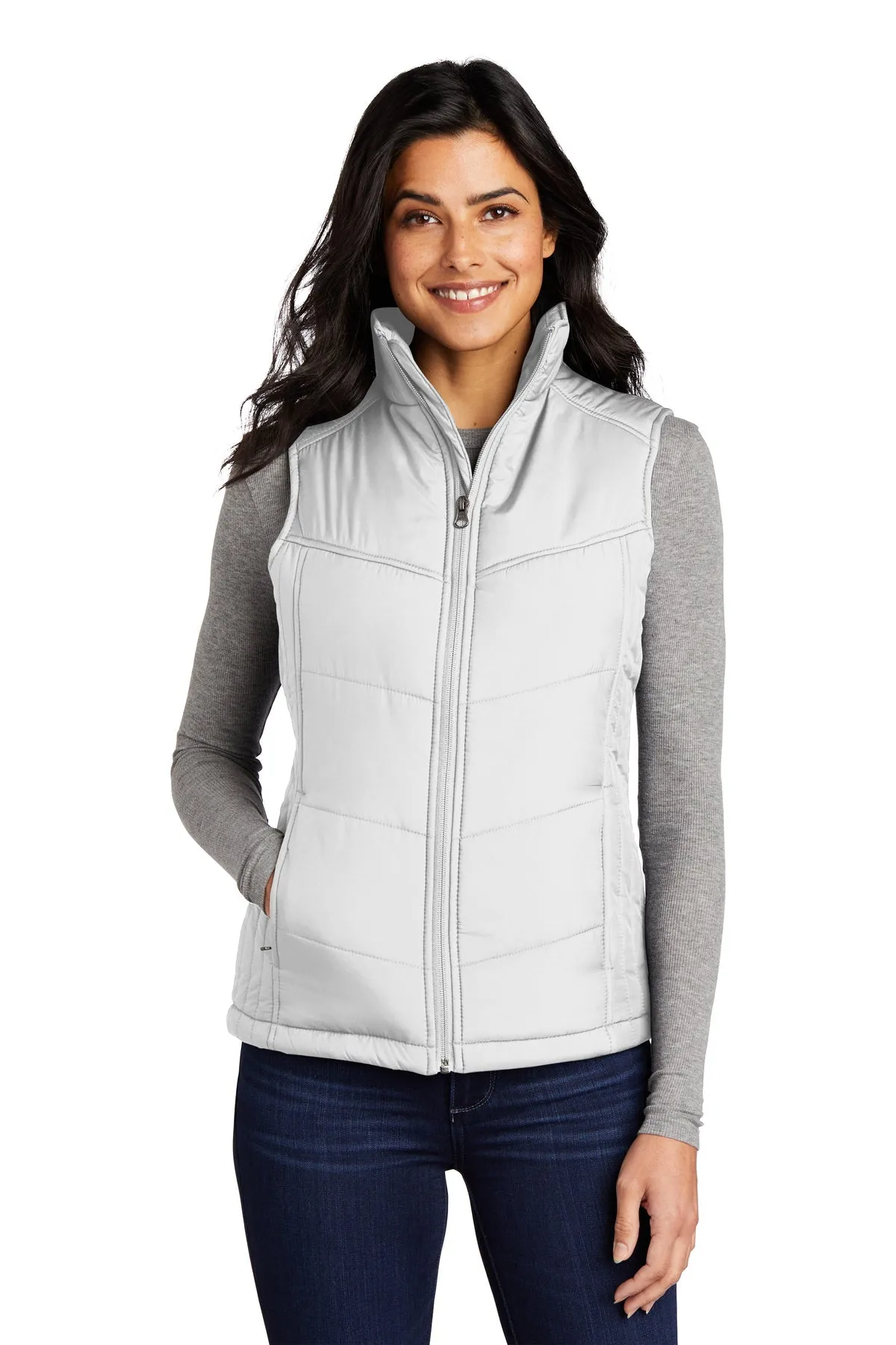 Port Authority Ladies Puffy Customized Vests, White/Dark Slate