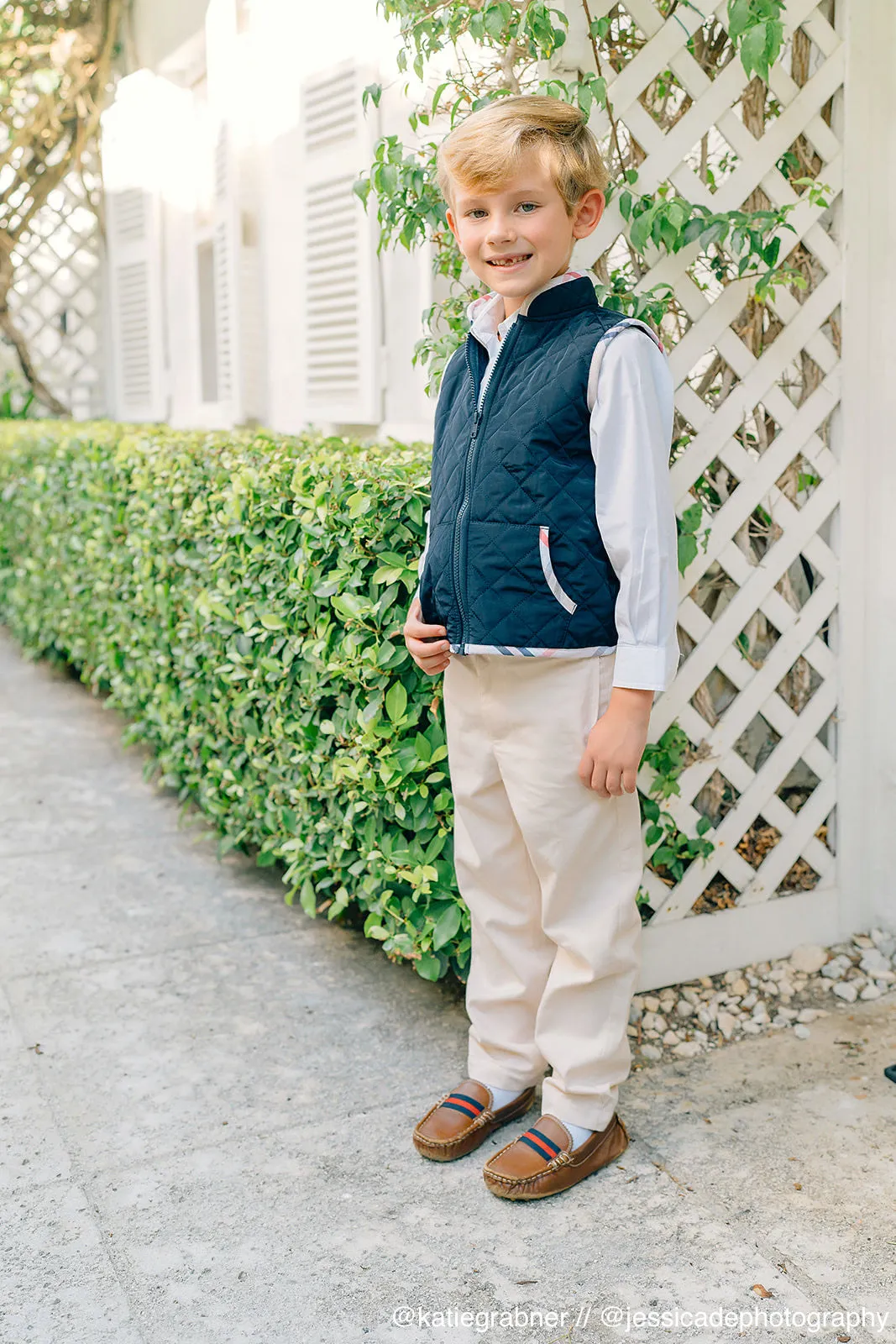 Printed Trim Puffer Vest -- Navy w/ Bouden Plaid