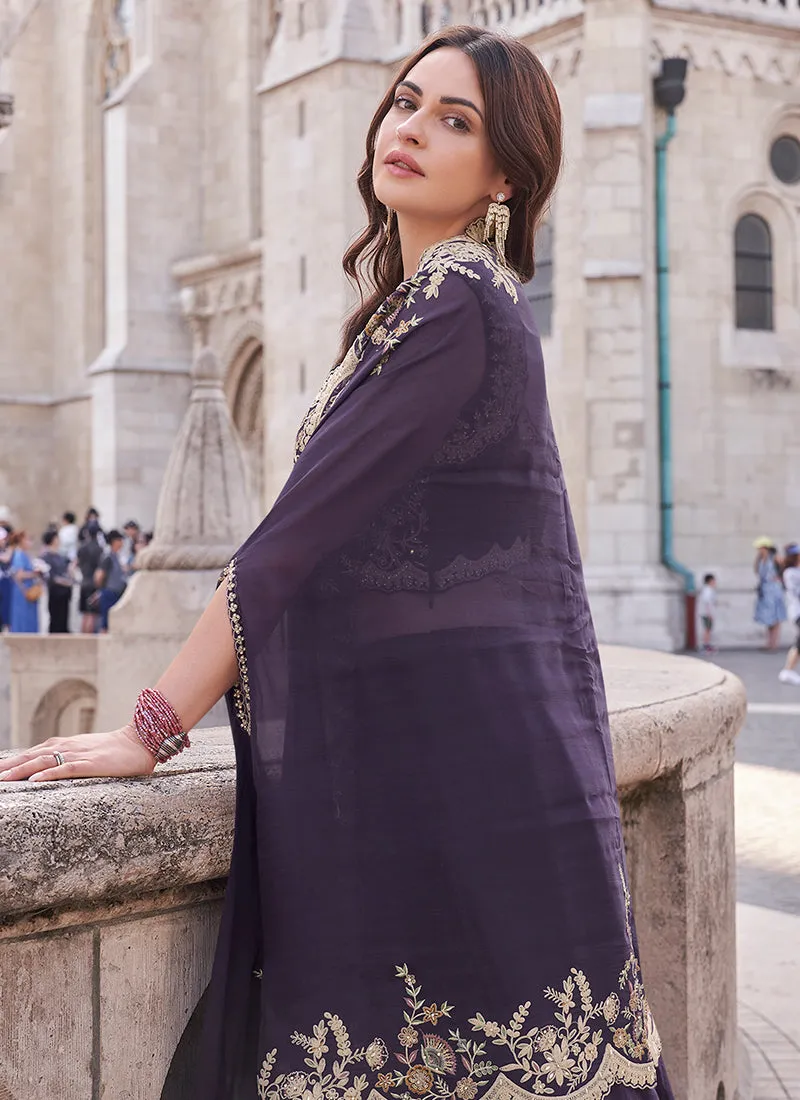 Purple Embroidered Cape Style Designer Palazzo Suit