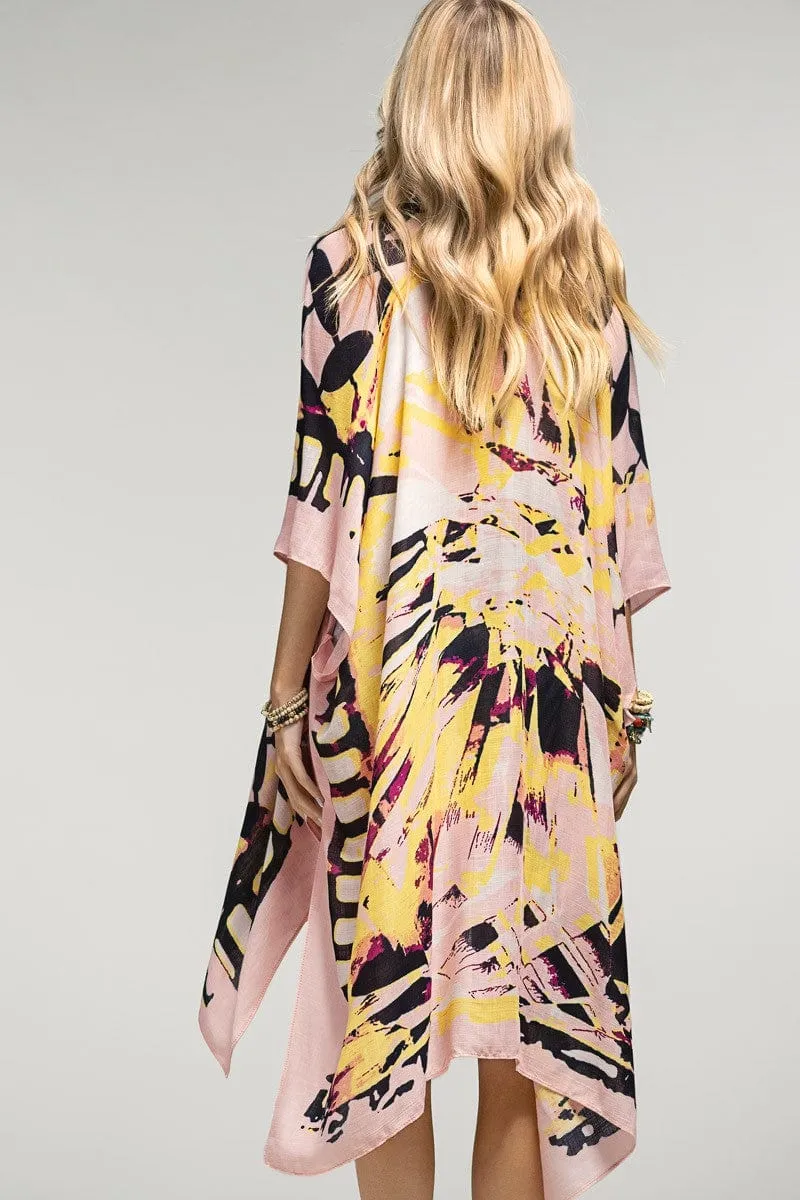 Rachelle Abstract Floral   Geometric Kimono in Pink   Yellow