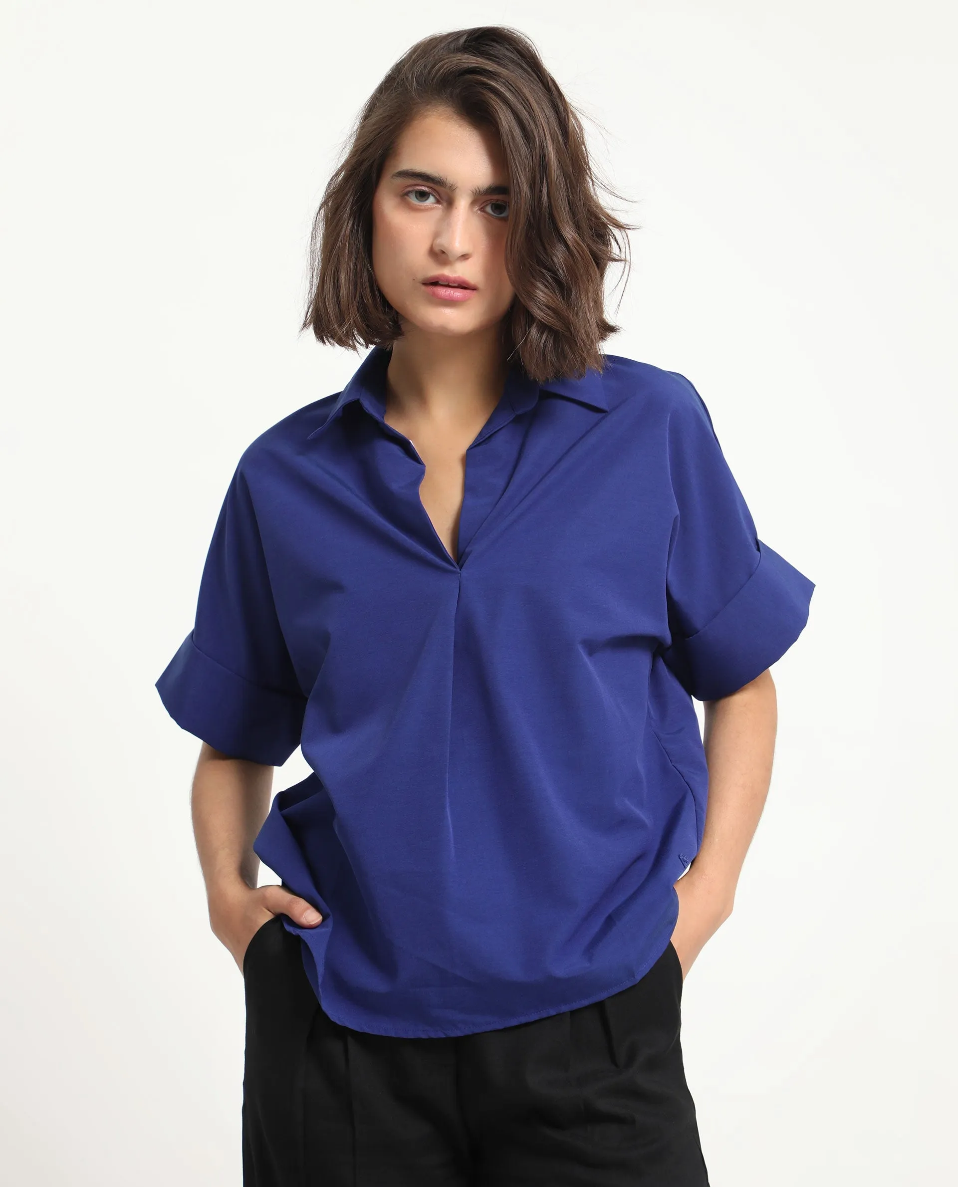 Rareism Women Nilgan Blue Polyester Fabric Short Sleeves Button Closure Shirt Collar Cuffed Sleeve Regular Fit Plain Top