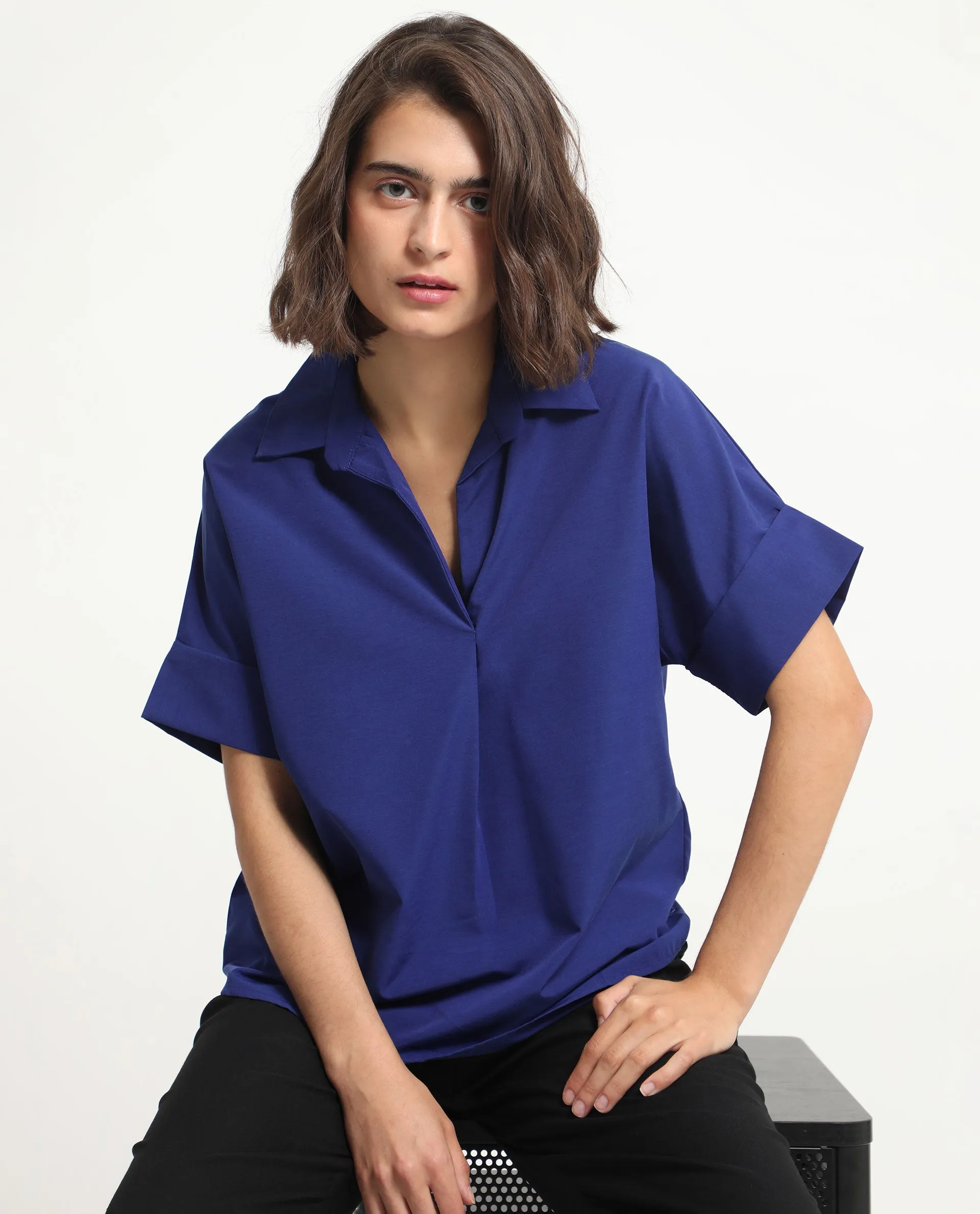 Rareism Women Nilgan Blue Polyester Fabric Short Sleeves Button Closure Shirt Collar Cuffed Sleeve Regular Fit Plain Top