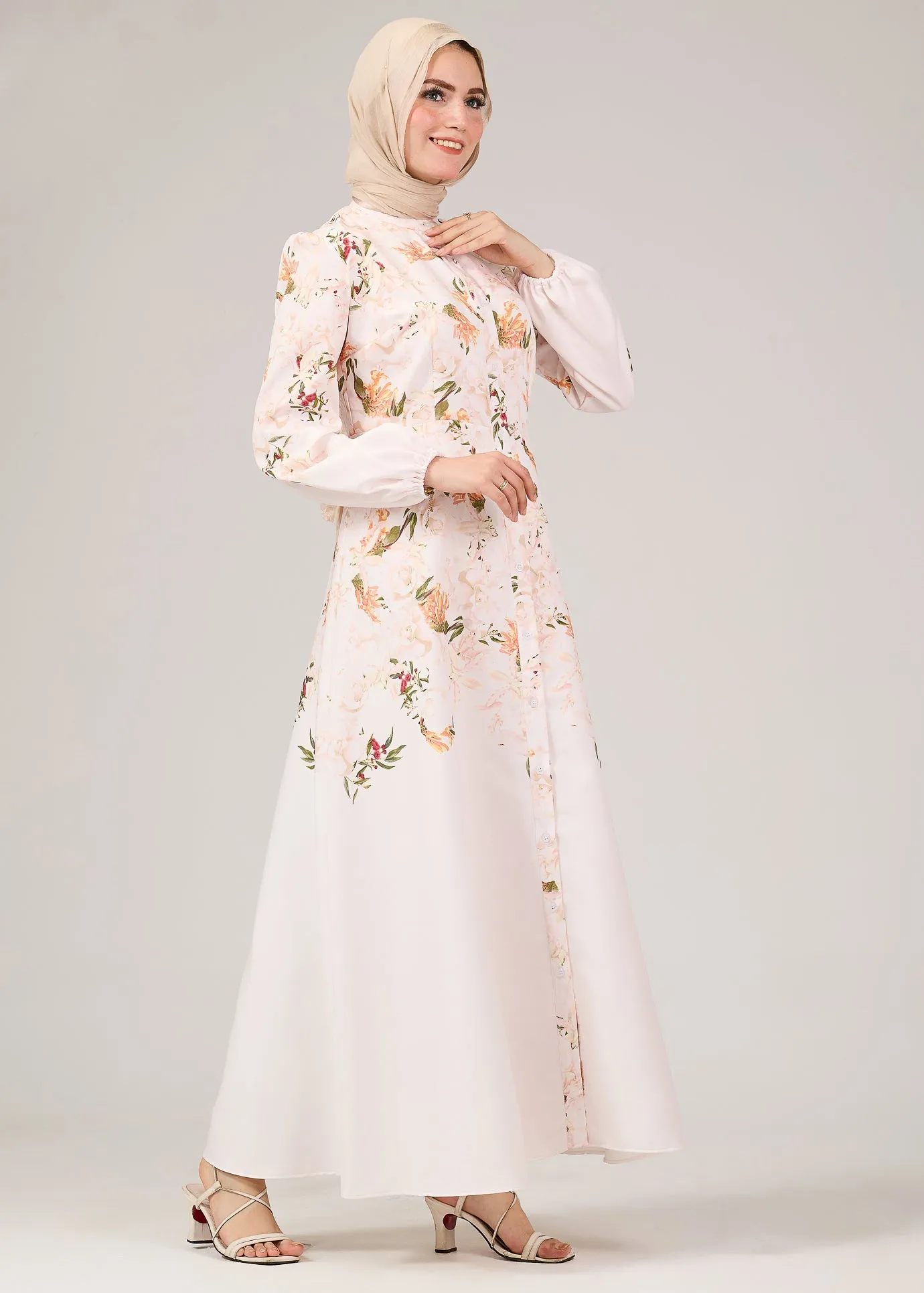 Reema Floral Button-Front Maxi Dress with Puff Sleeves