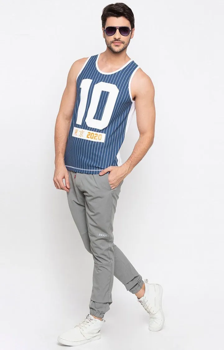 Spykar Men Airforce Blue White Cotton Sleeveless Vest