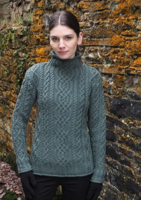 Super Soft Funnel Neck Aran Sweater | Green