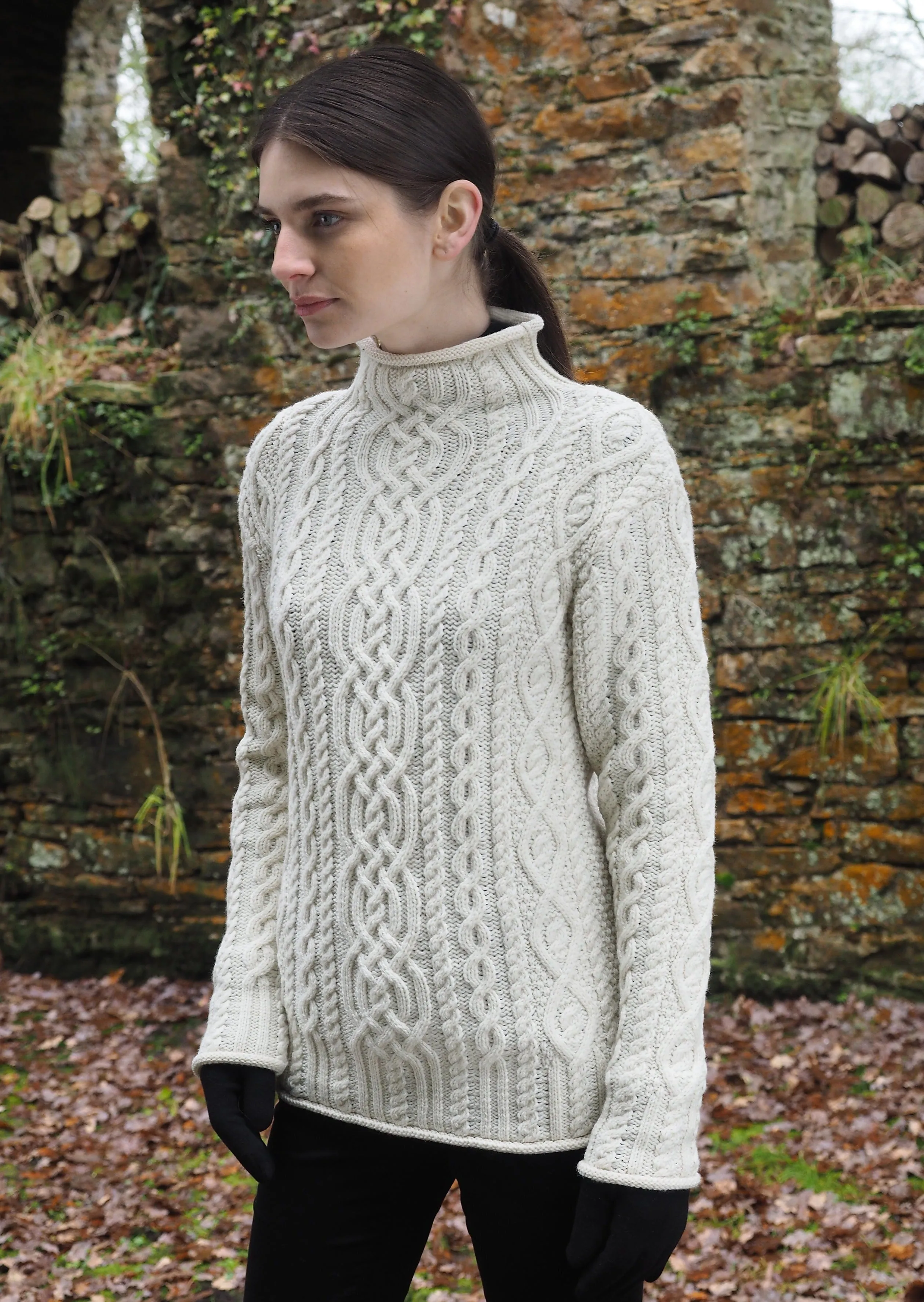 Super Soft Funnel Neck Aran Sweater | Natural