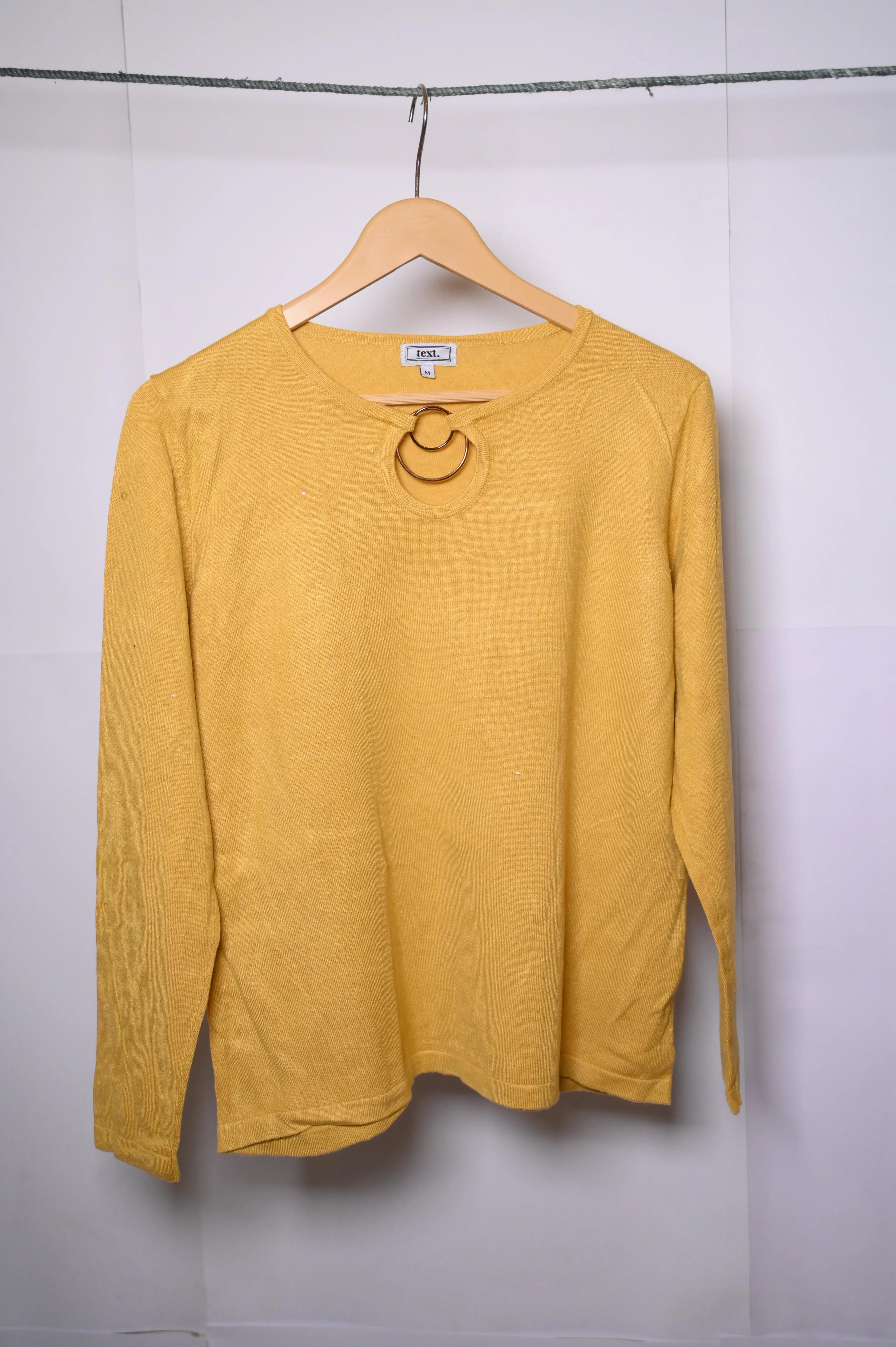 Text Vibrant Yellow Full-Sleeve Shrug Shirt with V-Neck & Golden Steel Ring"