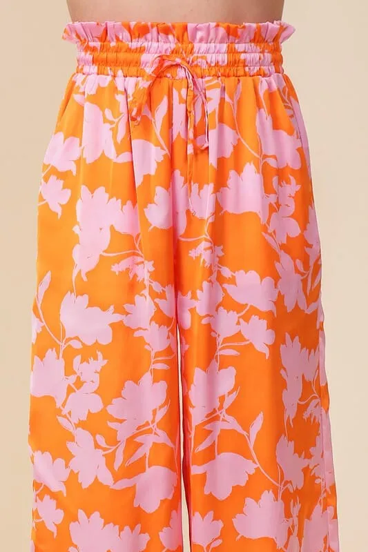 Tropical Print Wide Leg Pants - Orange/Pink